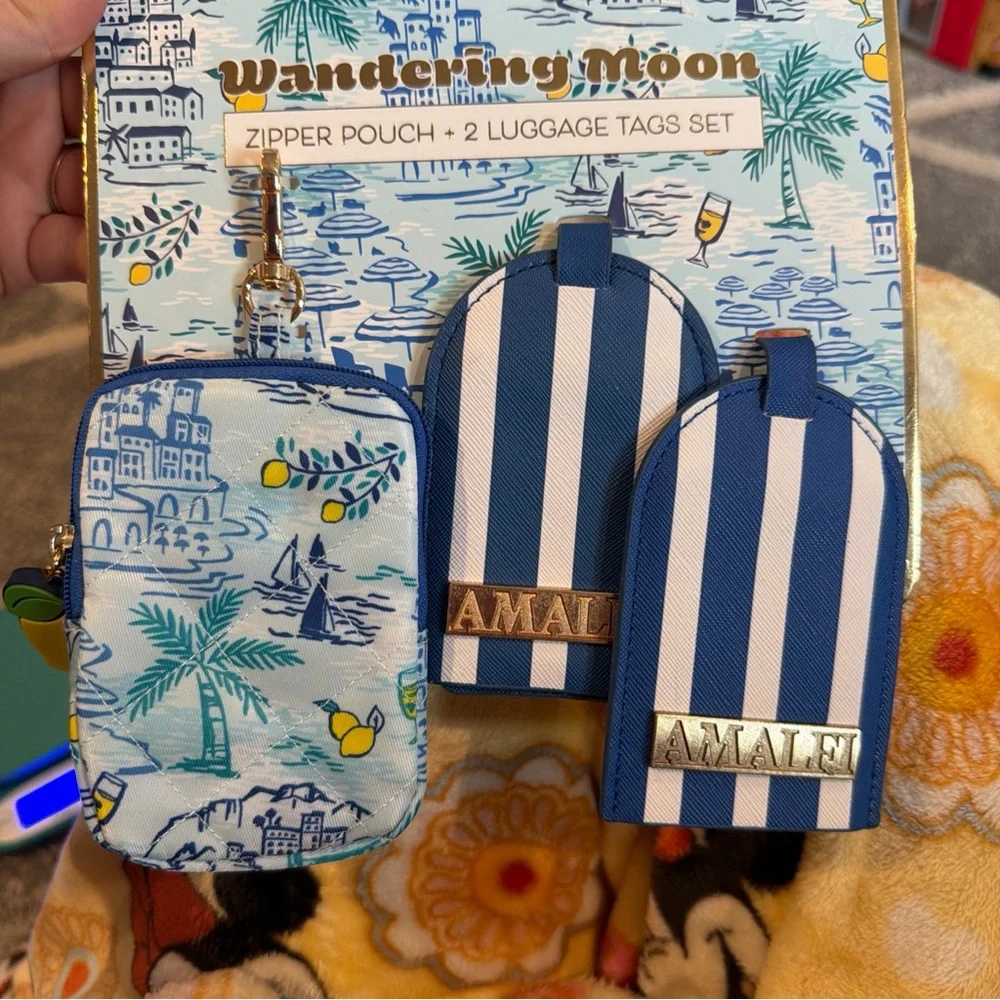 Amalfi Blue & White Striped Luggage Tag + Seaside Print Zipper Pouch Set - Picture 1 of 6